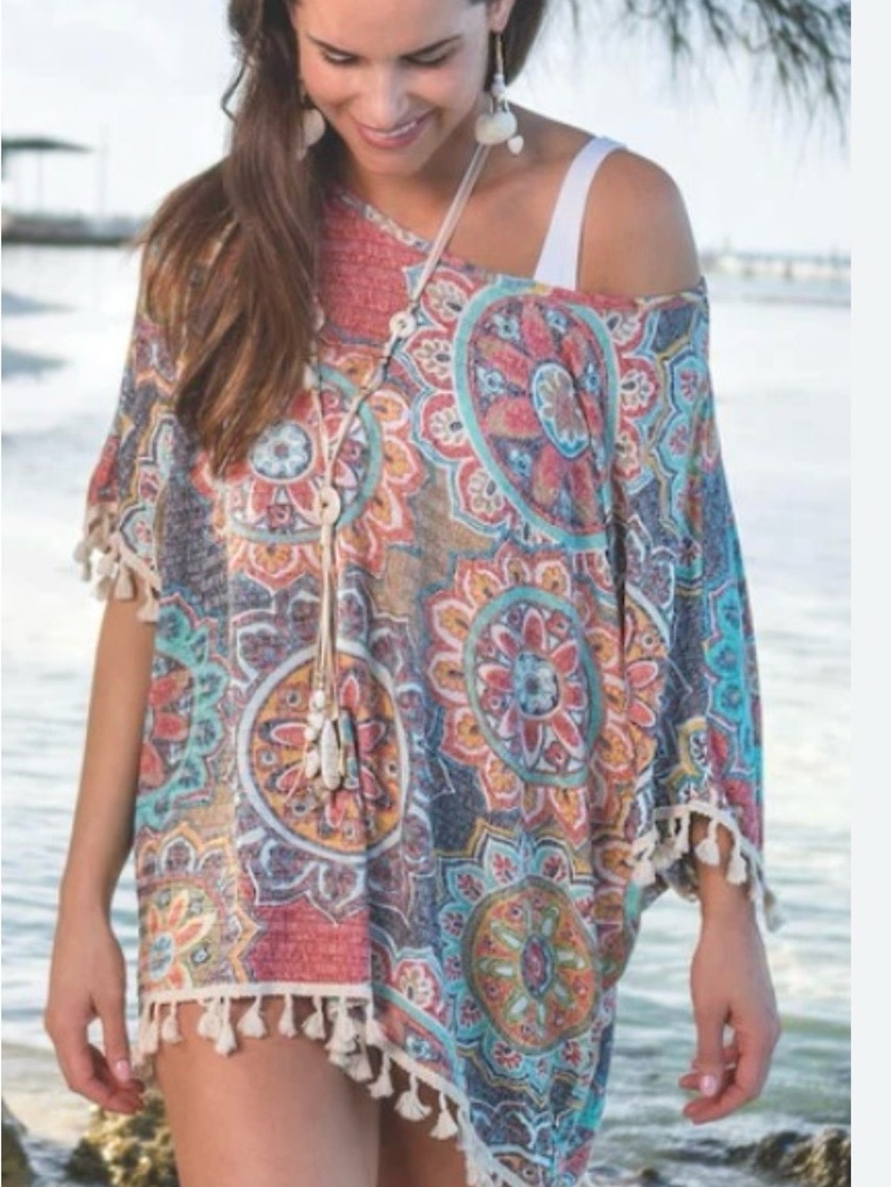 Boho mandala swimsuit coverup with tasselPrint Tassel trim